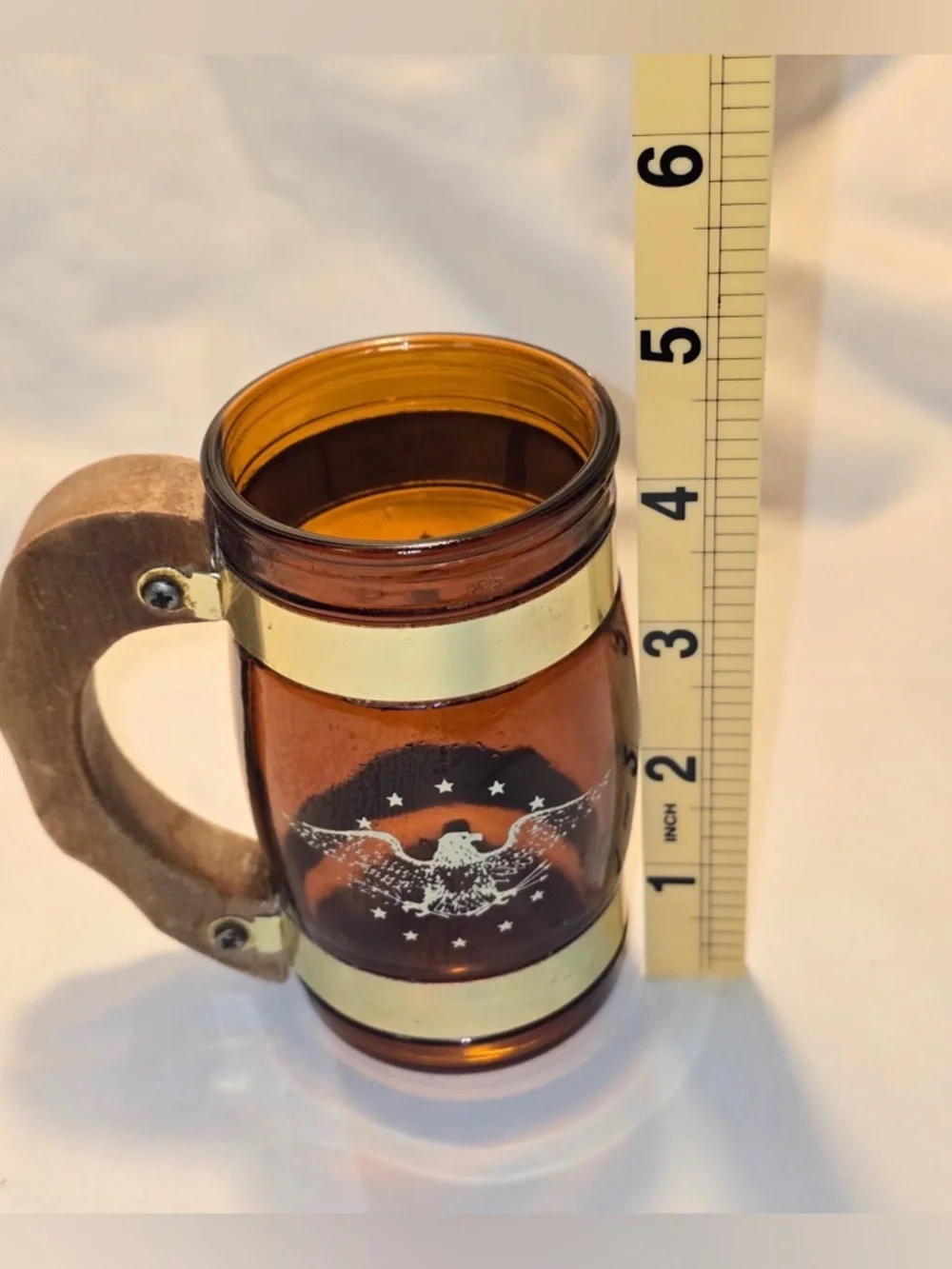 Vintage Siesta Ware Amber Glass Barrel Mug Wood Handle American Patriotic Eagle